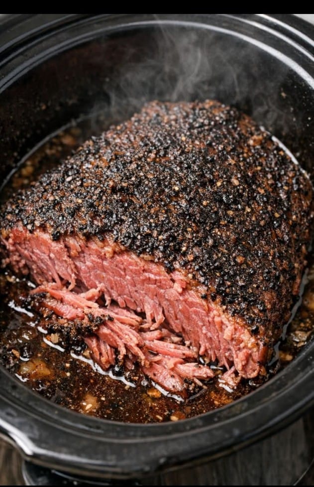 Corned Beef, Rubbed with Coffee In Slow Cooker