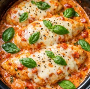 Creamy Tomato Basil Chicken In Slow Cooker