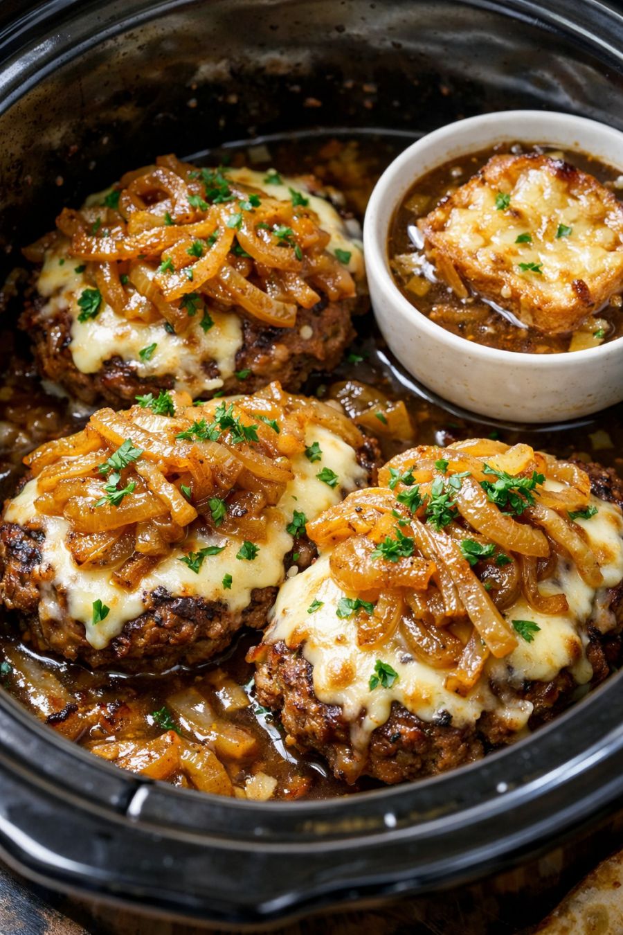 French Onion Burger Steaks Slow Cooker