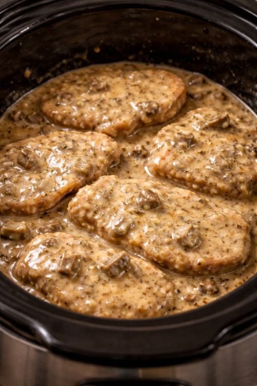 Mushroom Gravy Pork Chops Slow Cooker 3-Ingredient