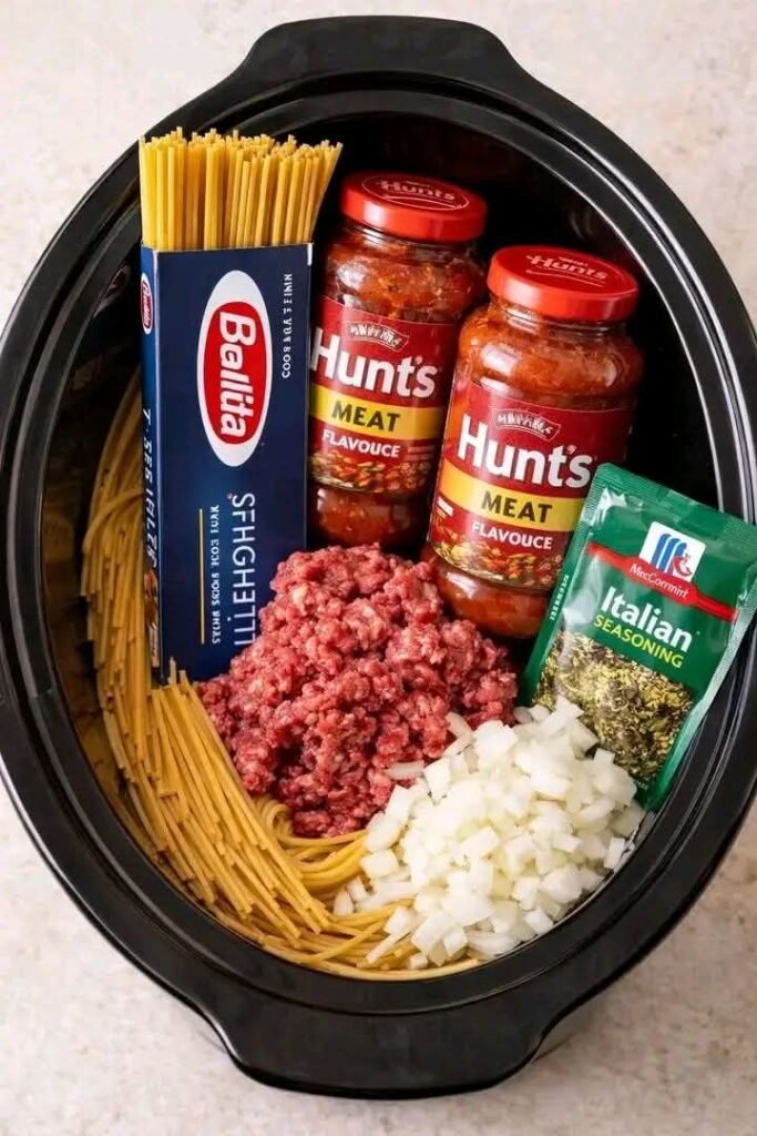 One Pot Slow Cooker Spaghetti with Ground Beef -Easy Crockpot Spaghetti