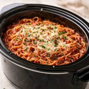 One Pot Slow Cooker Spaghetti with Ground Beef -Easy Crockpot Spaghetti