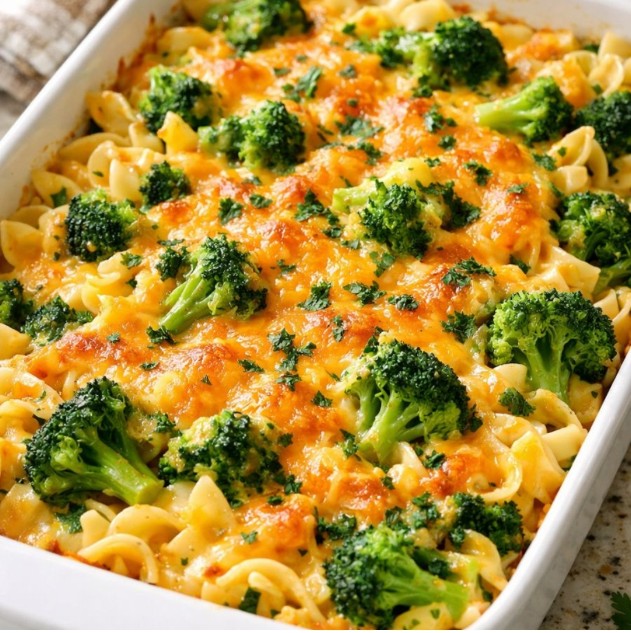 Amish Cheddar Broccoli Noodles Oven-Baked 4-Ingredient