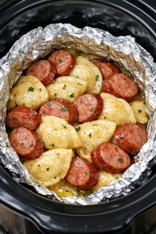 Foil Pack Sausage & Pierogies Slow Cooker