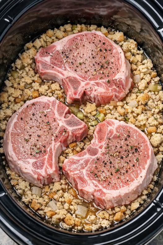 Pork Chops and Stuffing-4-Ingredient In Slow Cooker